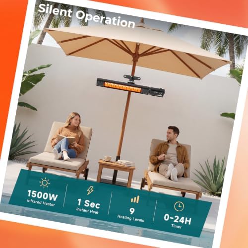 Electric Outdoor Heater for Patio Umbrella Wifi Control Wall-Mounted Hanging Patio 1500W Infrared 9 Heat Levels, 24H Timers, Carbon Fiber Tube Heating Wall Heater for Gazebo, Balcony - Image 6
