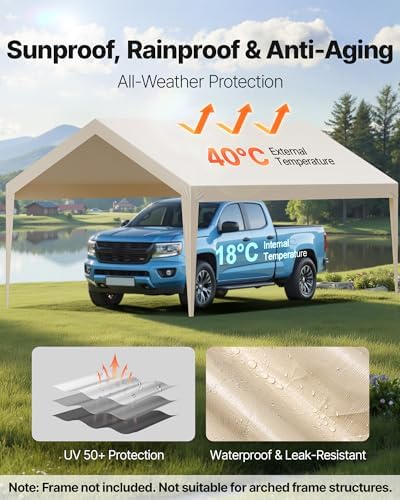 VEVOR Carport Replacement Canopy Cover, 12 x 20 ft Potable Garage Tent Top Tarp, UV-Resistant & Waterproof Car Shelter Tarp, Heavy Duty Car Port Cover with Ball Buggees, Beige, Frame Not Included - Image 3