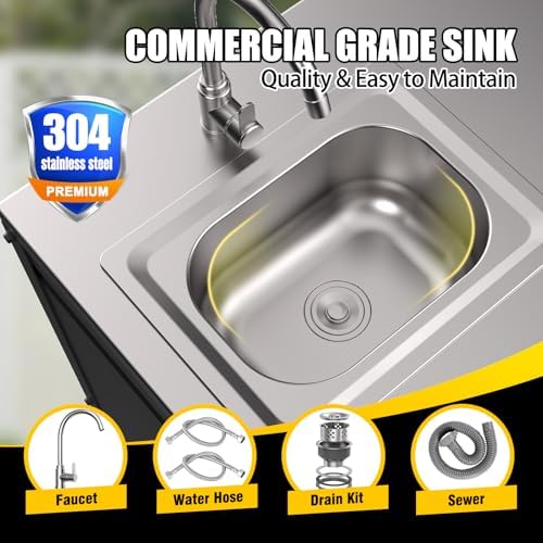 36"H Outdoor Kitchen Sink Station, Outdoor Sink with Hose Hook Up, Stainless Steel Outdoor Utility Sink with Countertop, Freestanding Laundry Sink for Backyard, Garage, Patio, Restaurant - Image 5