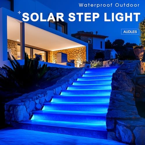 AUDLES LED Solar Step Lights Waterproof Outdoor Stair Lights, Solar Deck Lights Outdoor Decor IP67 Solar Decoration Lights for Yard (Blue Color, 2 Pack) - Image 2