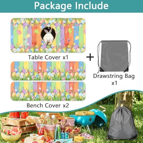 Easter Picnic Table Cover with Bench Covers, Cute Bunny Flower Colorful Wooden Board Camping Tablecloth, Waterproof Windproof, Fitted Tablecloth Cover with Elastic Edge, for Outdoor, 3 PCS, 30x60 Inch - Image 7
