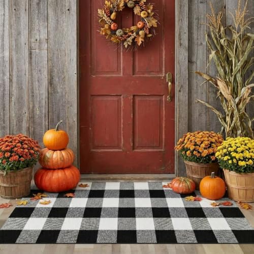 SEEKSEE Fall Decor Buffalo Plaid Outdoor Rug 24x52 Black and White Front Door Mat, Layering Rug for Porch, Washable Doormat, Cotton Area Rug for Outdoor Entrance Entryway Patio Porch Decor by SEEKSEE