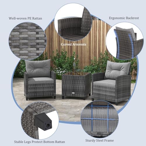 KOTEK 3 Piece Patio Furniture Set, Outdoor PE Rattan Conversation Set with Washable Cushions & Tempered Glass Tabletop, Wicker Chairs and Table Set for Porch, Garden, Balcony (Grey) - Image 3