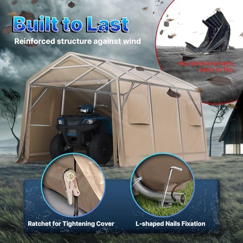 ADVANCE OUTDOOR 10X15 ft Garage Shelter Steel Metal Peak Roof Portable Storage Shed Carports for Motorcycle Boat, or Garden Tools with 2 Roll up Doors & Vents, Beige - Image 4