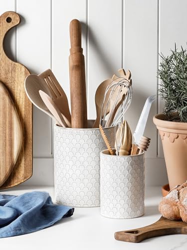 LE TAUCI Kitchen Utensil Holder for Countertop - 7.1"+5.4" Ceramic Utensil Crock Set of 2, Large Cooking Utensil Organizer for Spatula, Spoon, Whisk - Farmhouse Storage, Embossed, Fireworks - Image 6