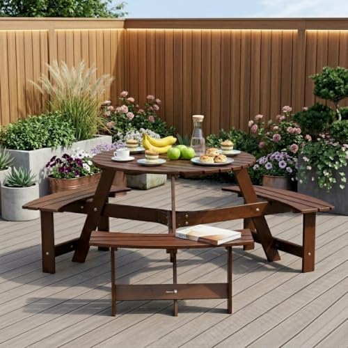 6 Person Wooden Picnic Table, Outdoor Round Picnic Table with 4 Built-in Benches, Umbrella Hole, Outside Table and Bench Set for Patio, Backyard, 500lbs Capacity Per Bench (Brown - 6 Person) by CKEASEANFurniture