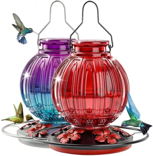 2 Pack Glass Hummingbird Feeder for Outdoors Hanging, Bird Nectar Feeder with Perch & 5 Flower Feeding Ports, 26 Oz Leak Proof for Outside Garden Decor Backyard, Gifts for Women Mom, Red + Purple Blue by GreteGotye