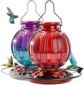 2 Pack Glass Hummingbird Feeder for Outdoors Hanging, Bird Nectar Feeder with Perch & 5 Flower Feeding Ports, 26 Oz Leak Proof for Outside Garden Decor Backyard, Gifts for Women Mom, Red + Purple Blue by GreteGotye