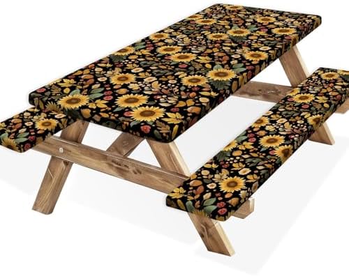 Picnic Table Cover with Bench Covers, Camping Essentials, Sunflower Flower Leaves Waterproof Windproof Patio Table Cover, Fitted Tablecloth Cover with Elastic Edge for Indoor Outdoor 3 PCS 30x96 Inch by Xguatan