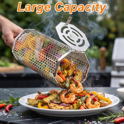 2 Pcs Octagonal Rolling Grill Basket, Polished 304 Stainless Steel - Image 4
