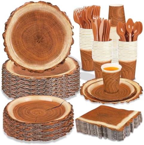 200 Pieces Camping Wood Grain Slice Party Supplies Set Paper Plate Cup Napkin for Camping Woodland Baby Shower Lumberjack Birthday Featuring a Round Wooden Slice Die Cut Edge Design Serve 25 by FULJOOY