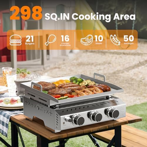 WAA 24000BTU Portable Propane Griddle, Tabletop Portable Propane Gas Grill with 3 Burners, Stainless Steel Flat Top Grill, Outdoor Cooking for Tailgating, Camping, RVs, BBQ, Patio, Silver - Image 6