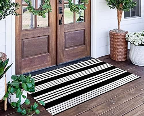 Striped Outdoor Rug 24"x51"Black and White Front Porch Rug Fall Decor by BUAGETUP