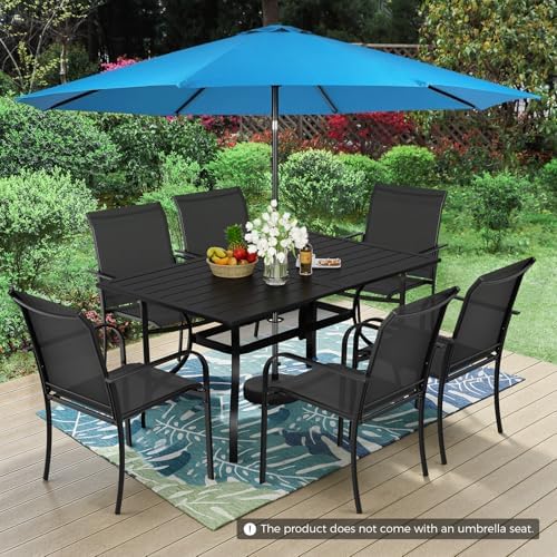 Incbruce 8 Pieces Patio Dining Set with Sky Blue Umbrella, Outdoor Dining Set of 6 Textilene Chairs and Rectangle Table with Umbrella Hole for Backyard, Garden, and Poolside (Black) - Image 4
