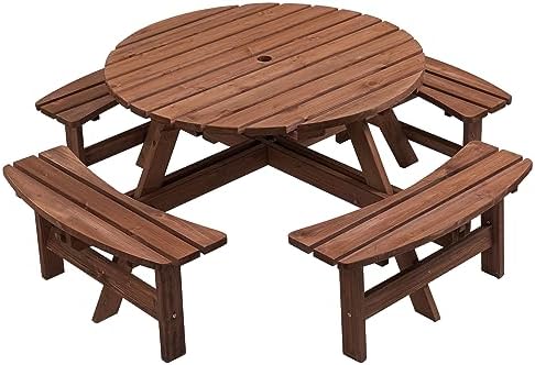 43.3'' Round Outdoor Dining Table Wooden Patio Dining Table & 4 Curved Built-in Bench for 8, 2" Umbrella Hole, Suitable for Backyard Garden Porch, Brown by JJKFurniture-kevinplus