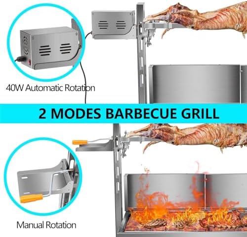 36" BBQ Pig & Lamb Spit Roaster, 40W Electric Rotisserie Grill Kit with 145 LBS Load Capacity, Stainless Steel Charcoal Spit Grill with Adjustable Height & Casters for Outdoor Camping Party - Image 2