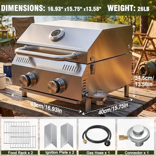 Bestfire 2-Burner Tabletop Propane Gas Grill, Dual Connections, 20,000 BTU Stainless Steel Portable Grill, Fits Large Gas Cylinders/Small Canisters, for Camping, RV, Outdoor BBQ - Image 5
