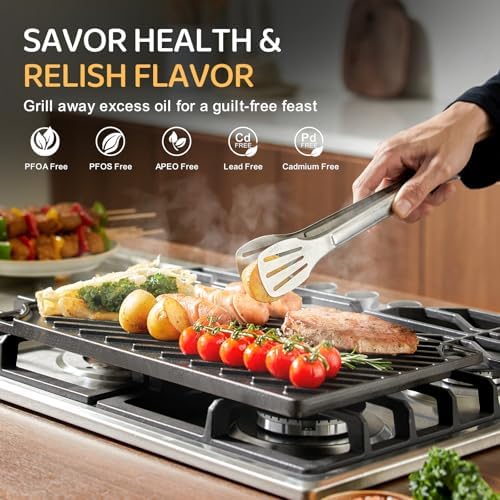 EWFEN Reversible Grill/Griddle, 16.7x9.5'' Pre-Seasoned Cast Iron Griddle Pan, Double Burner Cookware, Rectangular Stovetop Griddle with Handles, Flat Top Plate for Oven, Grill & Campfire - Image 3