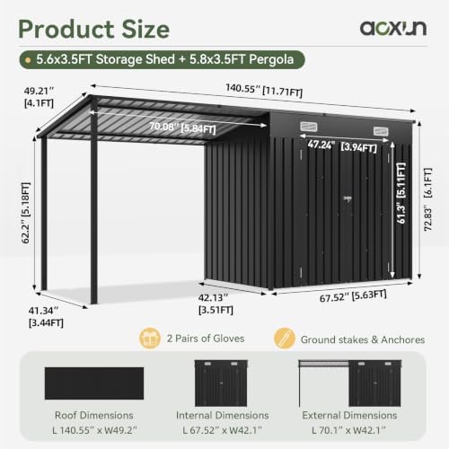 Aoxun 5.6x3.5FT Outdoor Storage Shed & Hardtop Gazebo Combo - Image 2