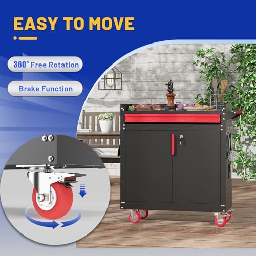 Eltean Metal Grill Cart - Outdoor Grill Cart with Storage,Grill Table with Wheels,Outdoor Bar Cart with Adjustable Shelf for Kitchen Prep and Patio BBQ - Image 4