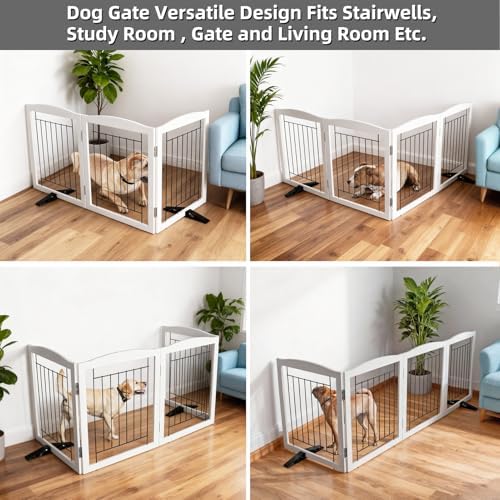 ZJSF Freestanding Dog Fence Indoor, Foldable Dog Gate for Doorways, Stairs or Hallways, Sturdy Wood Extra Wide Pet Gate with Support Feet for The House, White, 24 "Height-3 Panels - Image 4