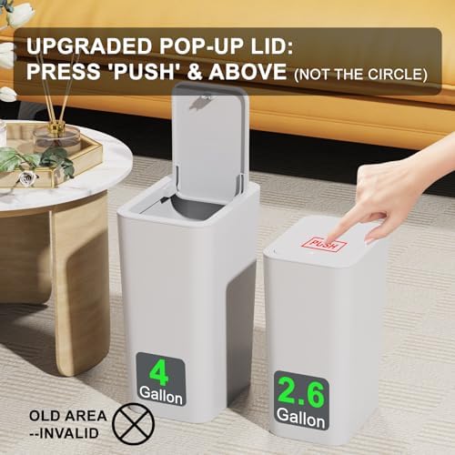 N. NETDOT 3 Pack (2 of 4 Gal & 1 of 2.6 Gal) Small Trash Can with Lid,Bathroom Garbage Can with Pop-Up Lid,Waste Basket for Bathroom,Kitchen,Bedroom,Powder Room,Craft Room,Office,College (Off White) - Image 4