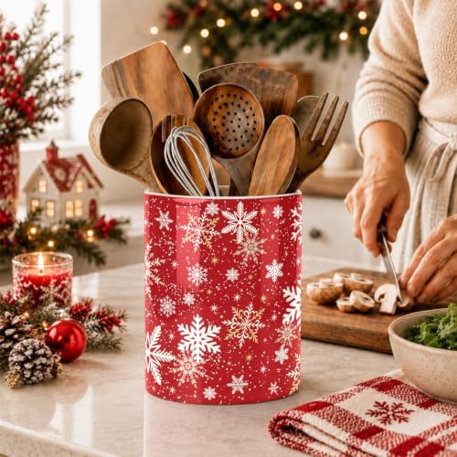 Christmas Snowflake Red Kitchen Utensil Holder, Xmas Winter Large Ceramic Utensil Holder For Countertop Organizer, 6.3'' Cooking Utensil Crocks Festivel Decor Utensil Storage Cup for Kitchen - Image 4