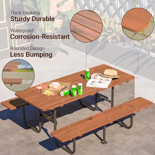 72" Rectangular Outdoor Picnic Table - 6 Person Brown Wooden Dining Set with Built-in Benches, Ideal for Garden BBQ & Courtyards - Image 4