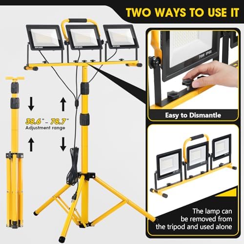 Zetunlo 21000Lumen LED Work Lights with Stand - 3 Head Portable Work Light with 16FT Cord - IP66 Waterproof Tripod Worklights for Outdoor Indoor Job Site Workshop Garage Construction Site Lighting - Image 3