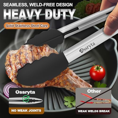 Kitchen Tongs with Silicone Tips - Heat Resistant 600°F Stainless Steel Cooking Tong Set, Non-Stick 7" 9" 12" Locking Silicone Tongs for Cooking, Grilling, Serving & Baking (3-Piece, Black) - Image 2