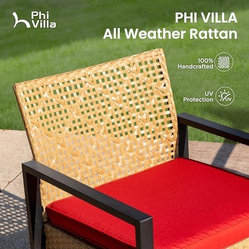 PHI VILLA 4 Piece Yellow Wicker Patio Furniture Set with Red Cushion - Image 5
