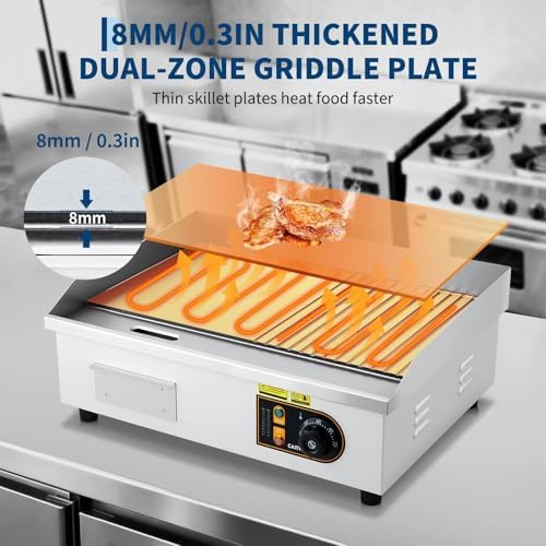 Garvee Commercial Half-Flat Top Griddle, 22in Stainless Steel Griddle Grill with 2 Shovels and 2 Brushes for Home or Restaurant, 1700W Commercial Griddle - Image 3