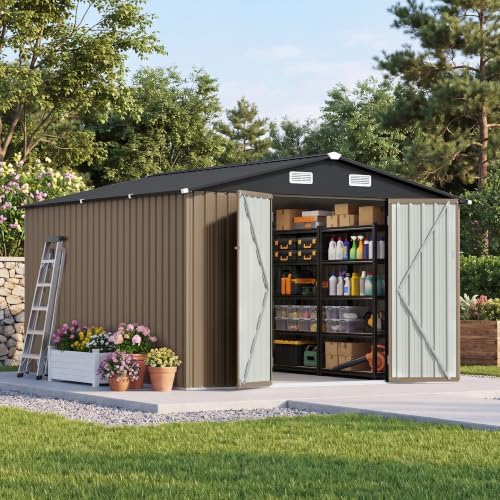 Patiowell 10x10 FT Storage Shed, Outdoor Metal Sheds, Brown by Patiowell