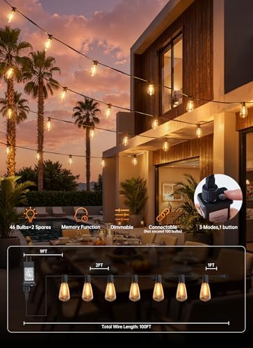 Minetom 100FT Outdoor String Lights with Remote, ST38 Patio Lights Dimmable - Image 6