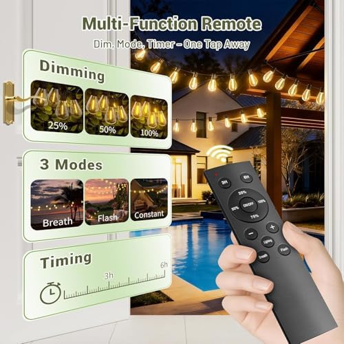Likesky 50FT Solar String Lights Outdoor with Remote,18+1LED Shatterproof Bulbs & USB Port, Waterproof 3 Modes Dimmable Solar Lights for Backyard, Patio, Camping - Image 2