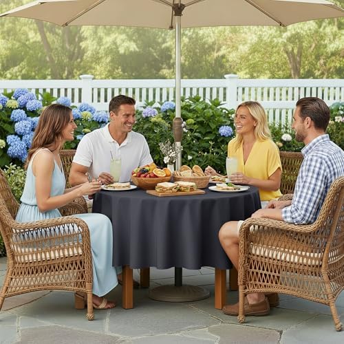LUSHVIDA Round Outdoor Tablecloth with Umbrella Hole 60 Inch Grey - Image 3