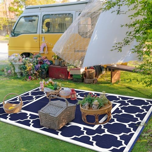 GENIMO Outdoor Rug, Waterproof Plastic Rugs for Patio, 4'x6' Blue White - Image 5