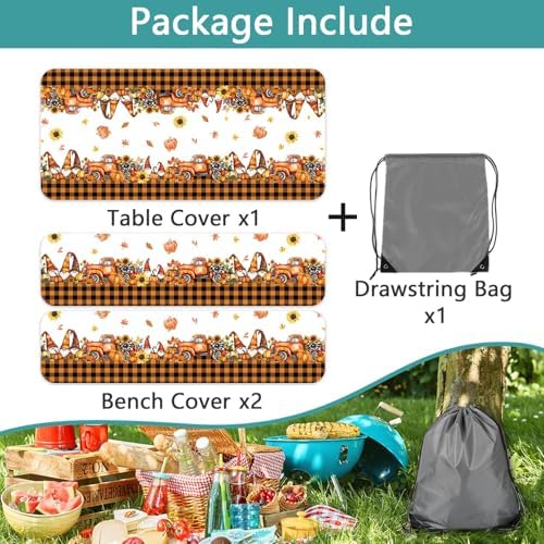 Fall Picnic Table Cover with Bench Covers, Camping Essentials, Thanksgiving Buffalo Plaid Floral Waterproof Windproof, Fitted Tablecloth Cover with Elastic Edge, Indoor & Outdoor, 3 PCS, 30x60 Inch - Image 7