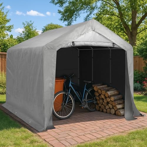 VINGLI Outdoor Portable Storage Shed, Heavy Duty Bike Tent with Roll-up Zipper Door, Waterproof and UV Resistent Carport for Motorcycle, Garden Tools and Firewood (Gray, 8x12x6.8 FT) - Image 2