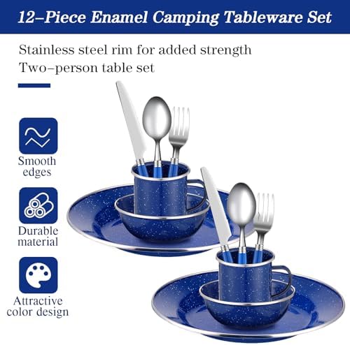 Nuogo 12 Pcs Enamel Camping Tableware Set Dinnerware Kit - Image 4