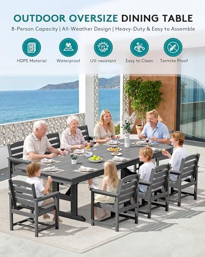 SERWALL 9Pcs 84" HDPE Outdoor Dining Set for 8 with Armchairs,Gray - Image 6
