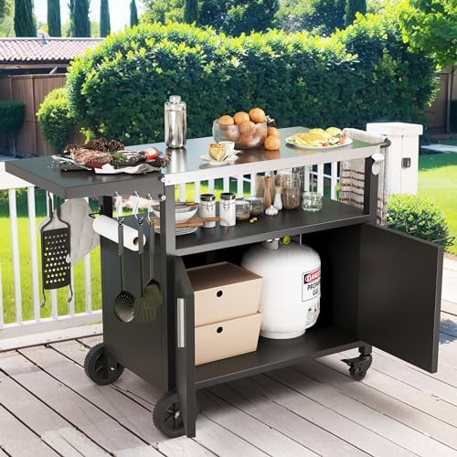 JY QAQA Outdoor Grill Cart with Storage,Patio Kitchen Island Outdoor Grill Table with Wheels,BBQ Cart Movable Pizza Oven Table Stand, Storage Cabinet, Foldable Tabletop, (Black) - Image 5
