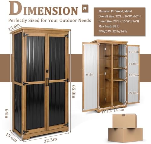Outdoor Storage Cabinet, Wood & Metal Storage Shed with Weather-Resistant Roof, Removable Shelves, Lockable Doors, Outside Storage Tool Organizer for Garden, Patio, Backyard, Garage, Pool - Image 2