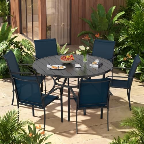 Incbruce 7 PCS Patio Dining Set, Outdoor Dining Set of 6 Textilene Chairs and 53" Round Table with Umbrella Hole for Backyard, Garden, and Poolside (Blue) - Image 2