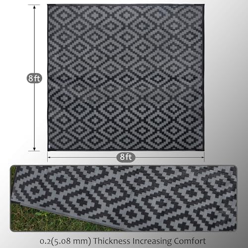 SAND MINE Waterproof Outdoor Rug, Plastic Reversible Rug, Modern Area Rug, Large Floor Mat for Outdoors, RV, Patio, Backyard, Deck, Picnic, Beach, Camping (8' x 8', Black Grey Lattice) - Image 2