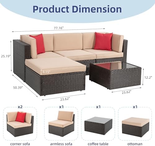 Vongrasig 5 Piece Patio Furniture Sets, Outdoor Patio Set Sectional Sofa - Image 2