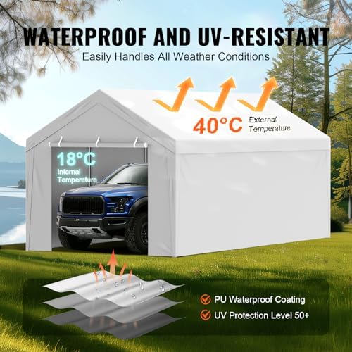 VEVOR Carport Replacement Canopy Top Cover + Sidewall 10 x 20 ft, Garage Tent Shelter Tarp Heavy-Duty Waterproof & UV Protected, Easy Installation with Ball Bungees,White (Frame Not Included) - Image 3