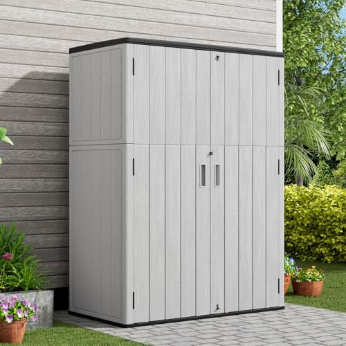 KINYING Outdoor Vertical Storage Shed,57 Cu.ft Outdoor Storage Cabinet Waterproof,Resin Sheds & Outdoor Storage Clearance for Garden,Patio,Backyard,Lockable (Grey) - Image 2
