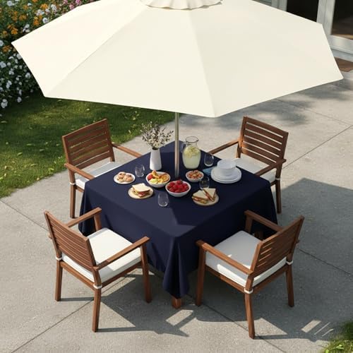 LUSHVIDA Square Outdoor Tablecloth with Umbrella Hole 60x60 Inch Navy - Image 2