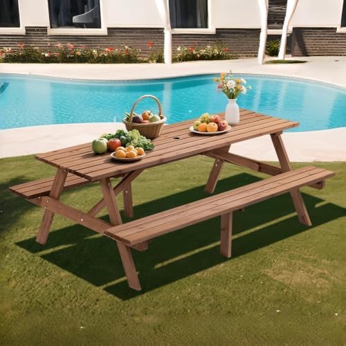 Brown 75" Rectangular Wooden Picnic Tables for Outdoors by QUAWIP